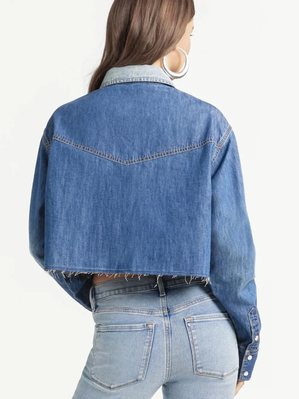 Cropped Blue Denim shirt - Women's Denim Coat - Picture 3 of 6